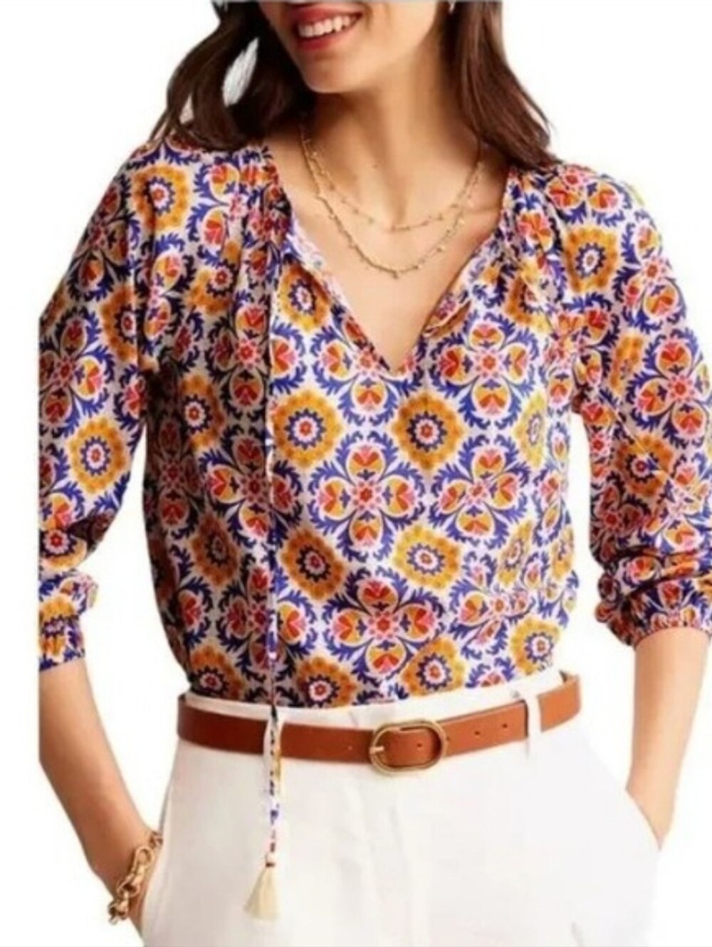 Boden Serena Tie Neck Top Floral Paisley Long Sleeve Pullover 10 Peasant Boho